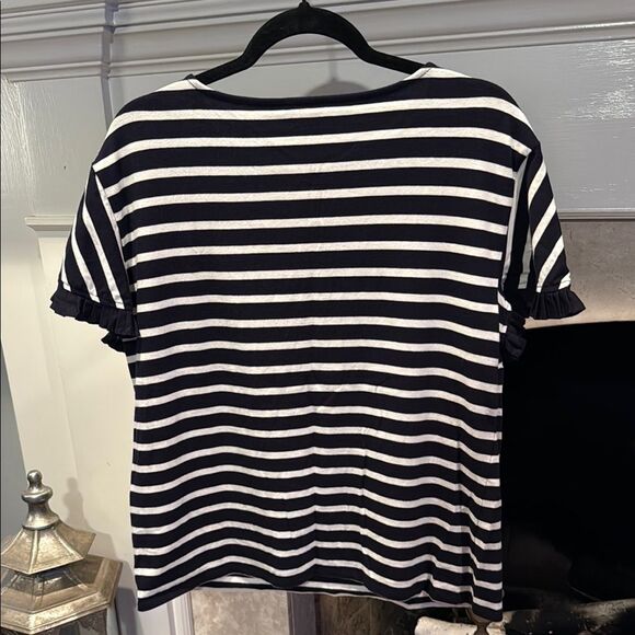 Talbots Dark Navy and White Boxy Short Sleeve Tee with ruffled sleeves size Lp - Picture 5 of 5